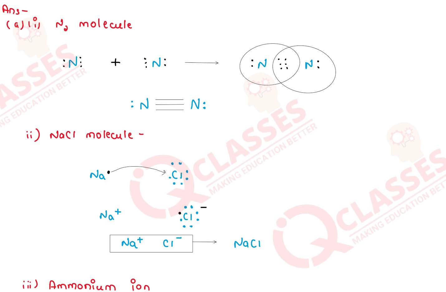 The election dot structure of:
                (i) Nitrogen molecule [N = 7](ii) Sodium chloride (Na = 11, Cl = 17)(iii) Ammonium ion [N = 7, H = 1]