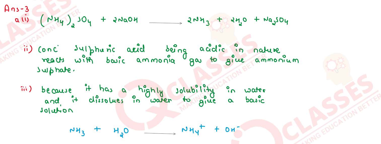   Write the balanced chemical equation to prepare ammonia gas in the laboratory by using an alkali.<br> (i) State why concentrated sulphuric acid is not used for drying ammonia gas. <br>(ii) Why is ammonia gas not collected over water? .