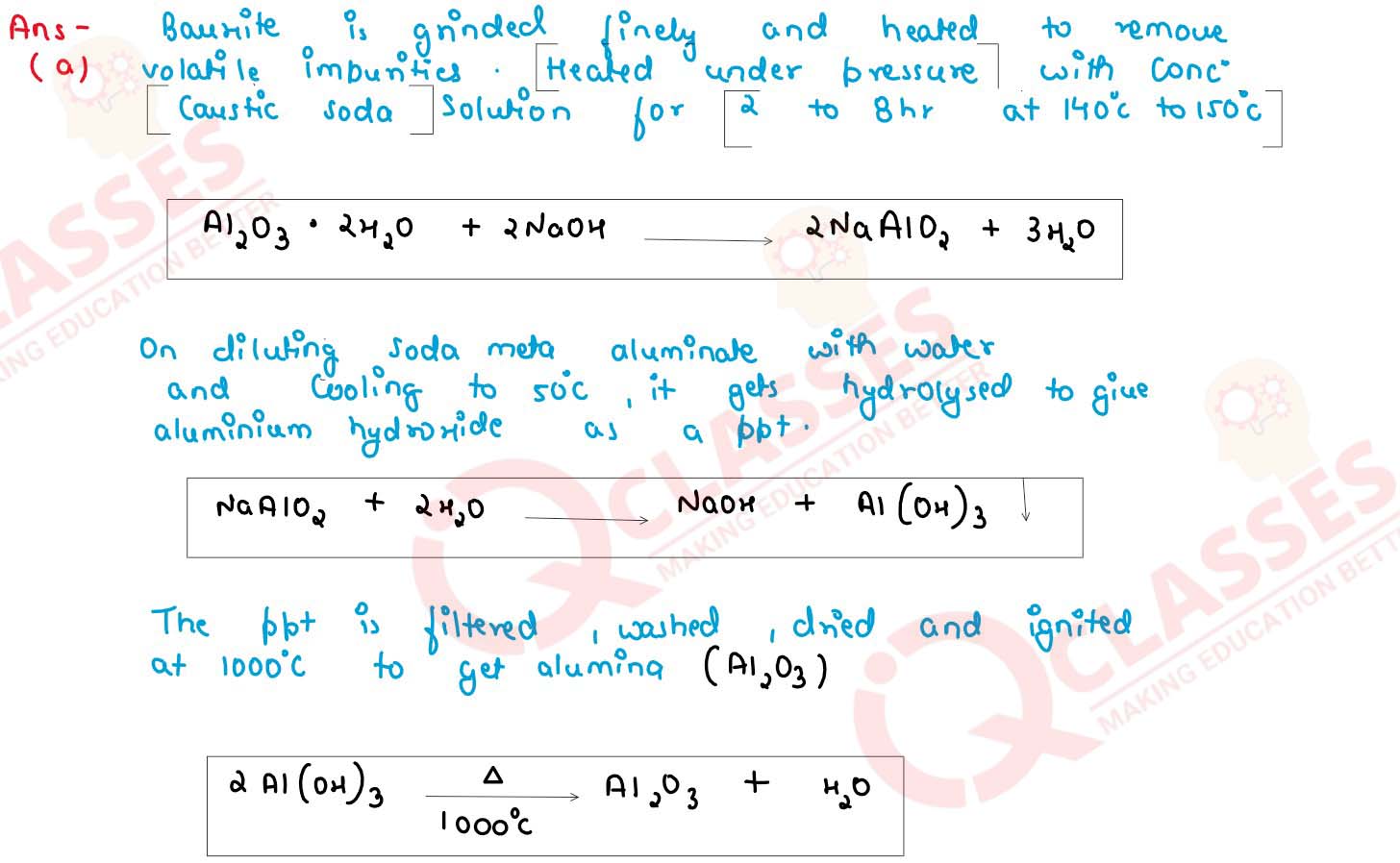   Bayer's process is used to concentrate bauxite ore to alumina give balance chemical equation for the reaction taking place for its conversion from bauxite to alumina. 