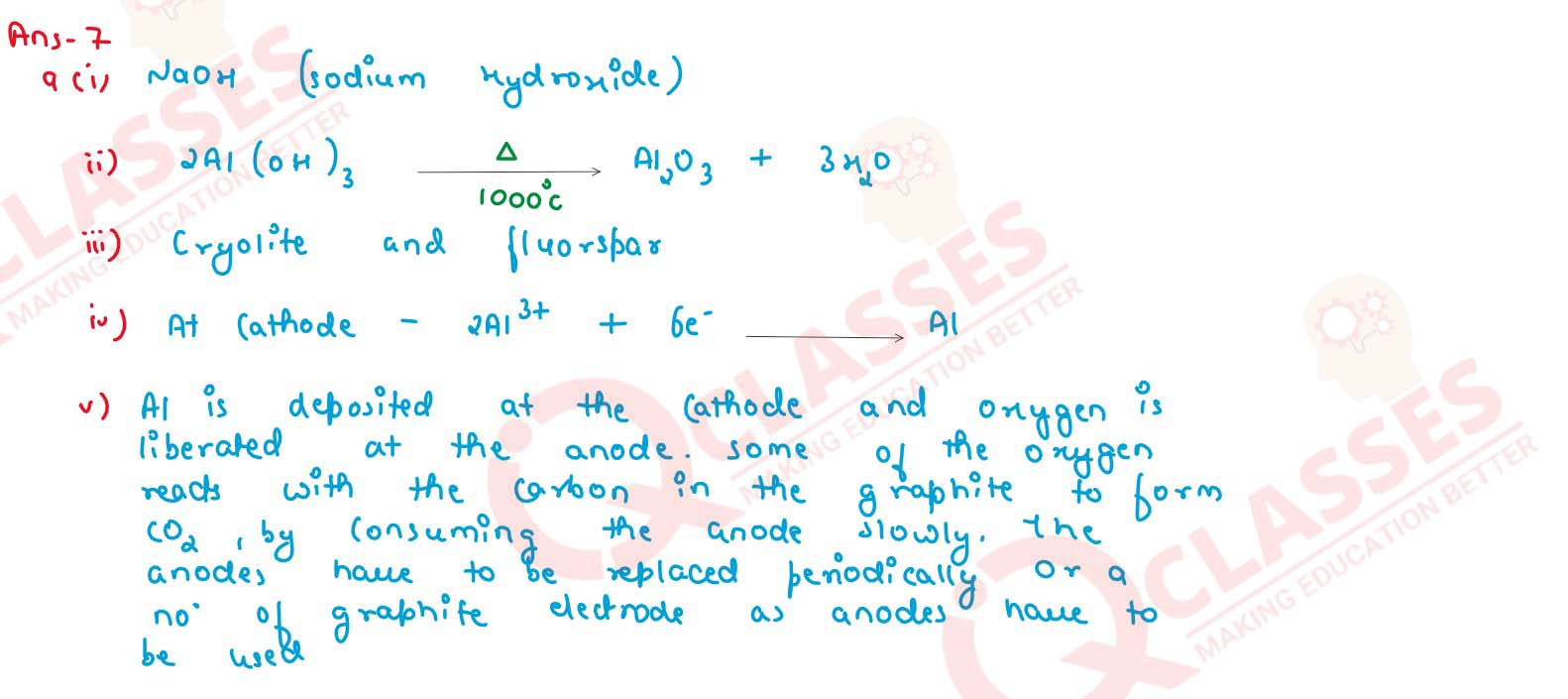 (a) (i) Name the solution used to react with bauxite as a first step in obtaining pure aluminium oxide in the Bayer's process.
                (ii) Write the  equation for the reaction where the aluminium oxide for the electrolytic extraction of aluminium is obtained by heating aluminium hydroxide
                (iii) Name the compound added to pure alumina to lower the fusion temperature during the electrolytic reduction of alumina
                (iv) Write the equation for the reaction that occurs at the cathode during the extraction of aluminium by electrolysis.
                (v) Explain why it is preferable to use in number of graphite electrodes as anode instead of single electrode, during the above electrolysis. 